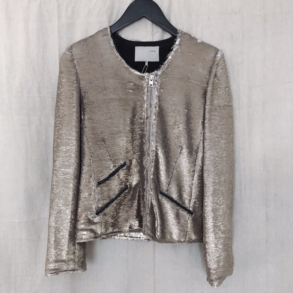 IRO Gold/Silver Yulli Sequin + Leather Moto Jacket